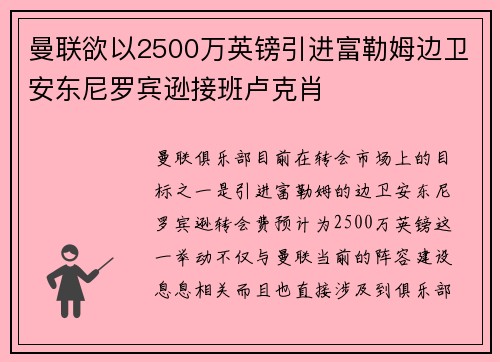 曼联欲以2500万英镑引进富勒姆边卫安东尼罗宾逊接班卢克肖